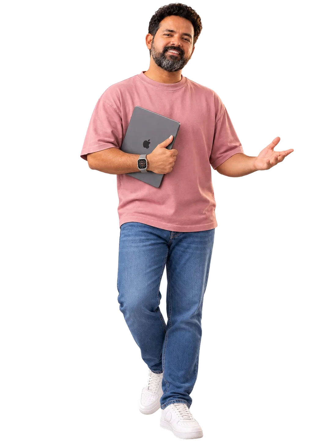 Moustafa ElSayed presenting with a MacBook in a relaxed professional pose