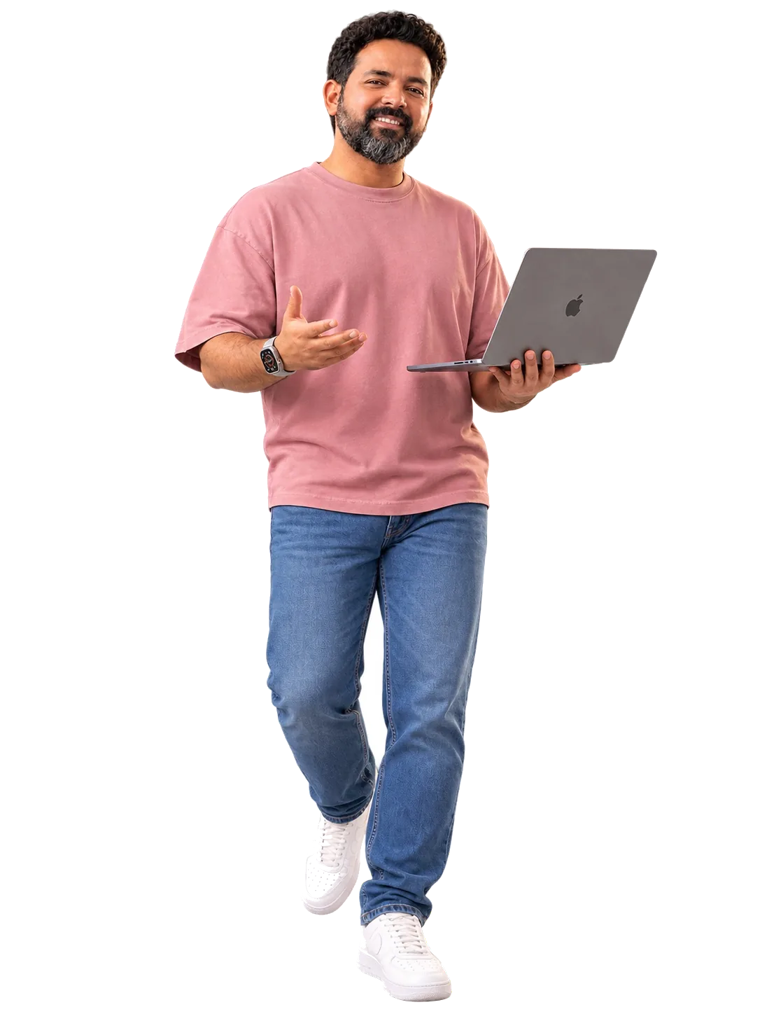Moustafa ElSayed presenting a system with an open MacBook